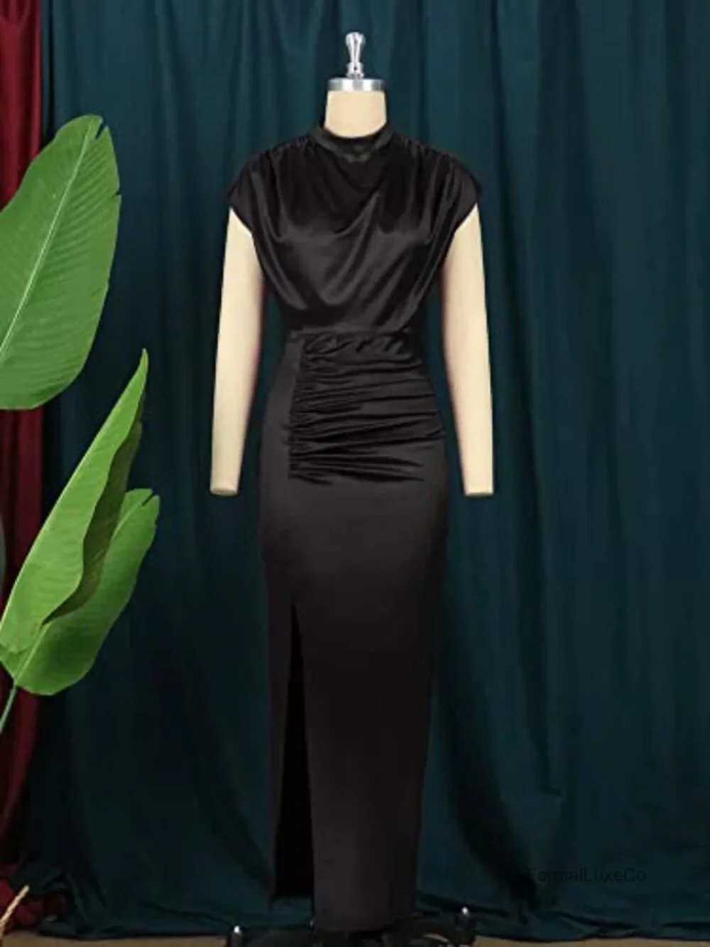 Satin Maxi Formal Dress High Slit Ruched Mock Neck Sleeveless